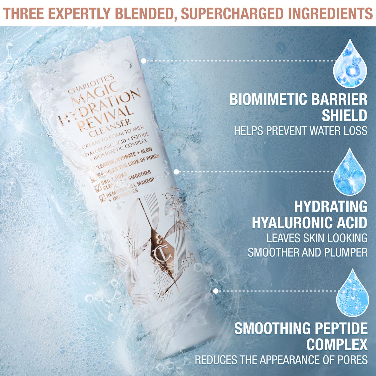 Three expertly blended, supercharged ingredients. Biomimetic barrier shield helps prevent water loss. Hydrating hyaluronic acid leaves skin looking smoother and plumper. Smoothing peptide complex reduces the appearance of pores.