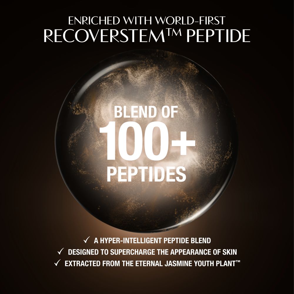 Dark, luxurious background featuring a glowing circular motif behind a central product area. Text at the top reads: ‘Enriched with world-first Recoverstem™ Peptide.’ At the bottom, three check‑marked statements highlight key benefits: ‘A hyper‑intelligent peptide blend,’ ‘Designed to supercharge the visible signs of skin recovery,’ and ‘Extracted from the stem cells of the Eternal Jasmine Youth Plant™.