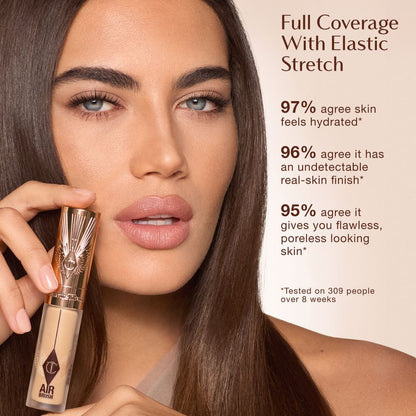Charlotte Tilbury Airbrush Flawless Concealer shown with text highlighting benefits: 97% agree skin feels hydrated, 96% agree it has an undetectable real-skin finish, 95% agree it gives flawless, poreless looking skin; tested on 309 people over 8 weeks.