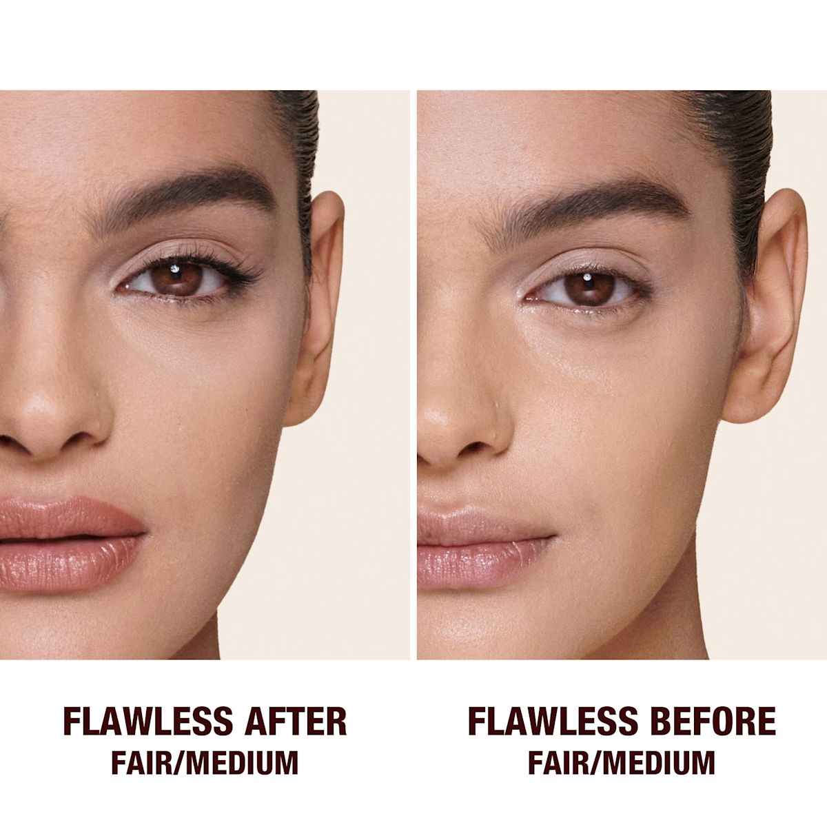 Before and after of a light-tone model wearing glowy makeup without setting it in the before shot and wearing a radiant, setting powder that brightens, covers blemishes, and makes her skin look fresh.