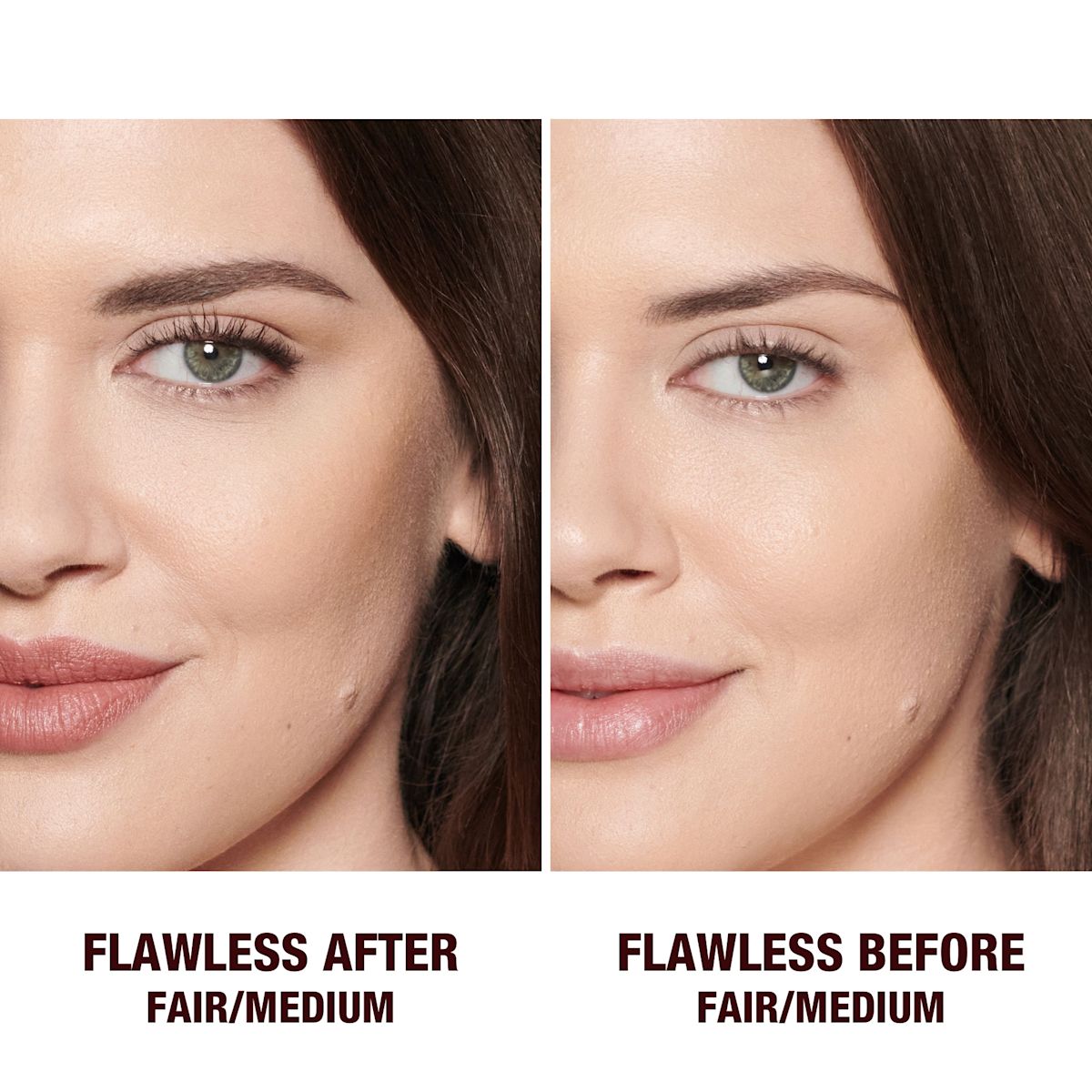 before and after of a fair-tone model wearing glowy makeup without setting it in the before shot and wearing a radiant, setting powder that brightens, covers blemishes, and makes her skin look fresh.