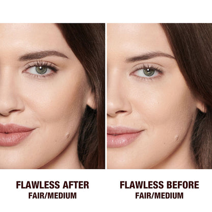before and after of a fair-tone model wearing glowy makeup without setting it in the before shot and wearing a radiant, setting powder that brightens, covers blemishes, and makes her skin look fresh.