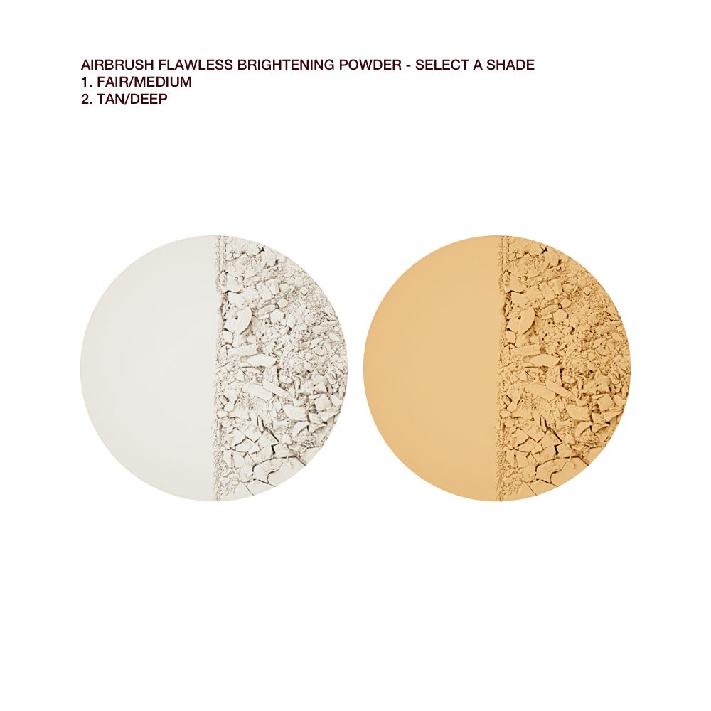 Swatches of two brightening, setting powder compacts in white and golden-yellow.