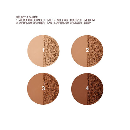 Swatches of four powder bronzers in shades of light beige, sand, medium-brown, and dark brown.