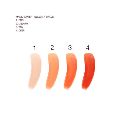 Swatches of four colour correctors in light peach, medium-peach, orange, and burnt orange colours.