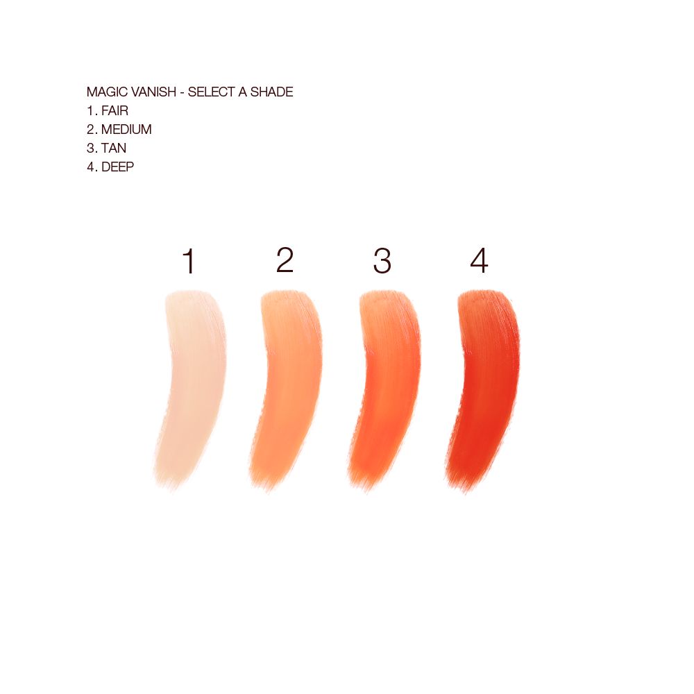 Swatches of four colour correctors in light peach, medium-peach, orange, and burnt orange colours.