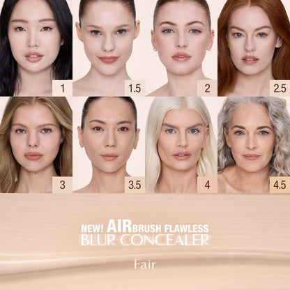 Charlotte Tilbury Airbrush Flawless Blur Concealer shade chart for Fair tones, showing eight shades labeled 1, 1.5, 2, 2.5, 3, 3.5, 4, and 4.5 with product name and fair category text.