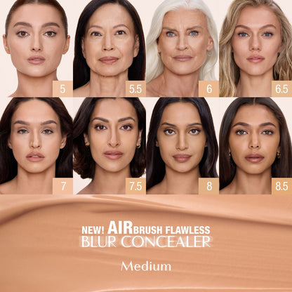 Charlotte Tilbury Airbrush Flawless Blur Concealer shade chart for Medium tones, showing eight shades labeled 5, 5.5, 6, 6.5, 7, 7.5, 8, and 8.5 with product name and Medium category text.