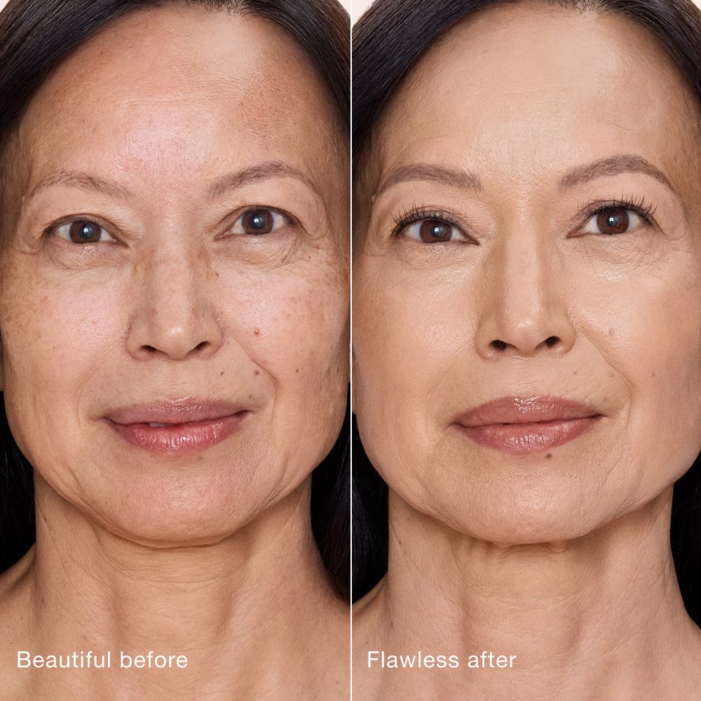 Side-by-side comparison showing skin before and after applying Charlotte Tilbury Airbrush Flawless Concealer, with text labels 'Beautiful before' and 'Flawless after'.
