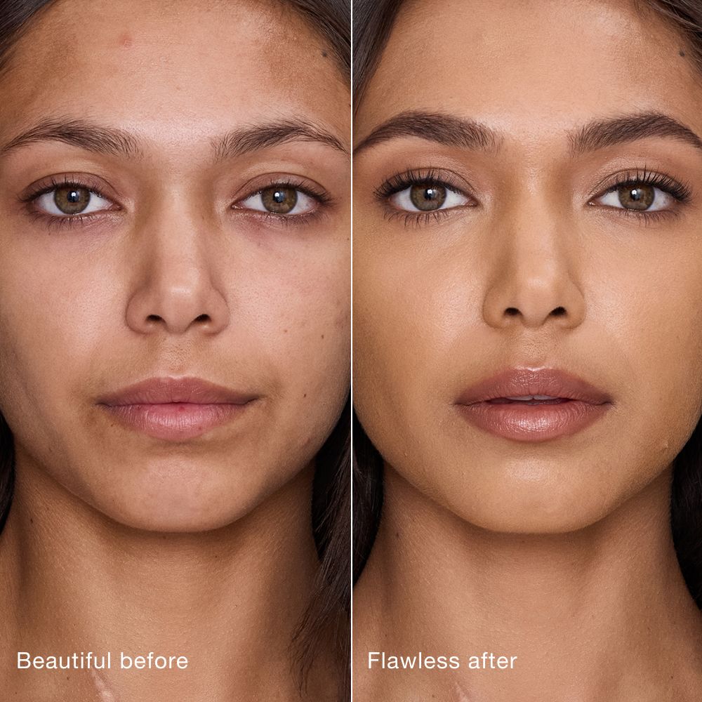 Side-by-side comparison showing skin before and after applying Charlotte Tilbury Airbrush Flawless Concealer, with text labels 'Beautiful before' and 'Flawless after'.