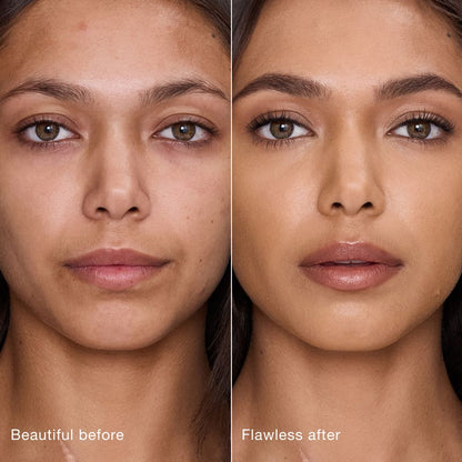 Side-by-side comparison showing skin before and after applying Charlotte Tilbury Airbrush Flawless Concealer, with text labels 'Beautiful before' and 'Flawless after'.