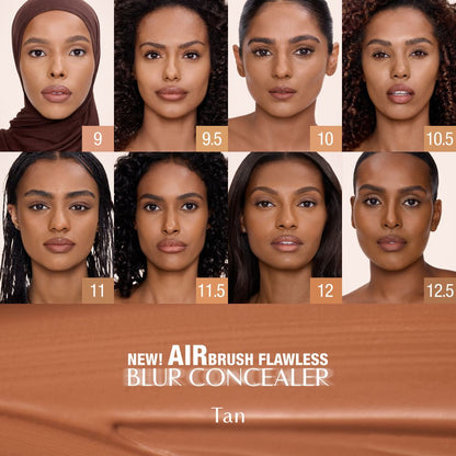 Charlotte Tilbury Airbrush Flawless Blur Concealer shade chart for Tan tones, showing eight shades labeled 9, 9.5, 10, 10.5, 11, 11.5, 12, and 12.5 with product name and tan category text.