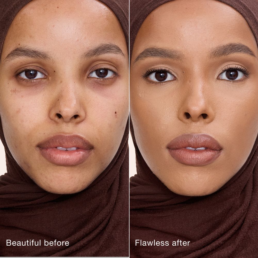Side-by-side comparison showing skin before and after applying Charlotte Tilbury Airbrush Flawless Concealer, with text labels 'Beautiful before' and 'Flawless after'.