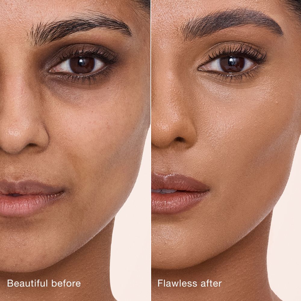 Side-by-side comparison showing skin before and after applying Charlotte Tilbury Airbrush Flawless Concealer, with text labels 'Beautiful before' and 'Flawless after'.