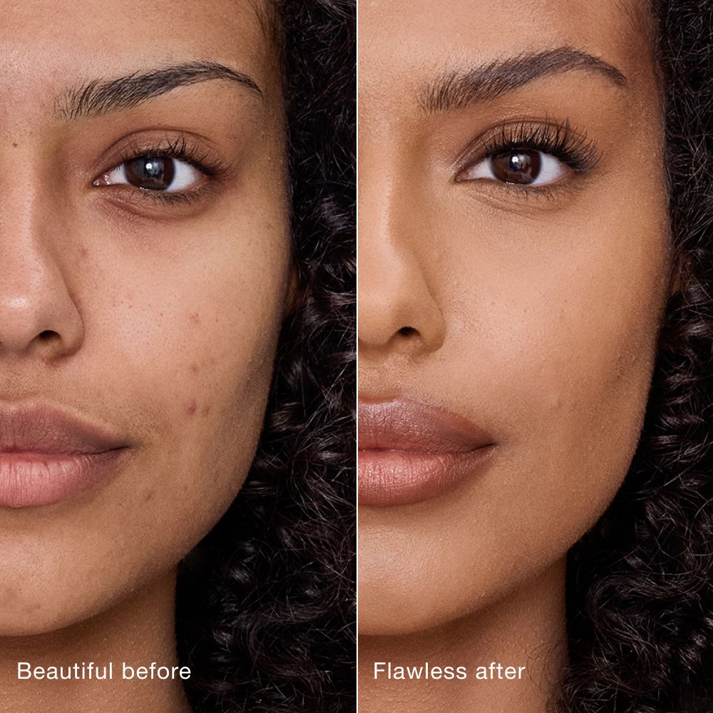 Side-by-side comparison showing skin before and after applying Charlotte Tilbury Airbrush Flawless Concealer, with text labels 'Beautiful before' and 'Flawless after'.