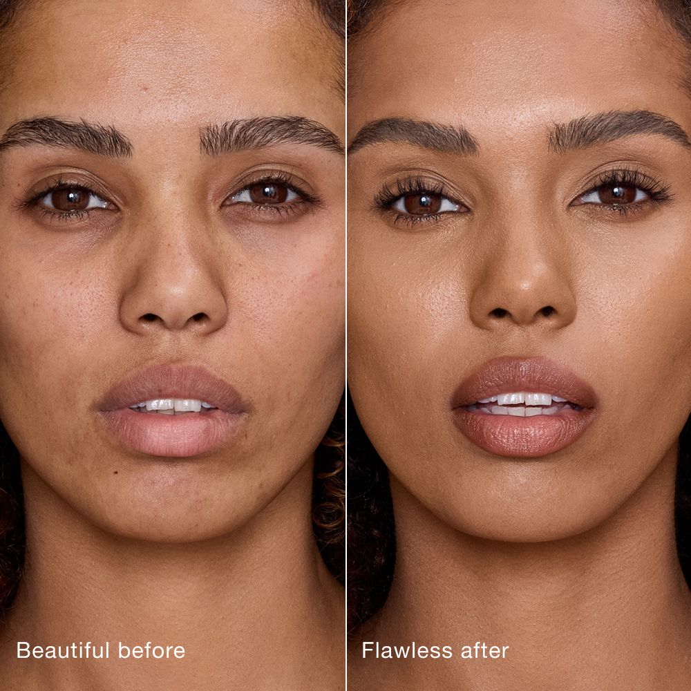 Side-by-side comparison showing skin before and after applying Charlotte Tilbury Airbrush Flawless Concealer, with text labels 'Beautiful before' and 'Flawless after'.
