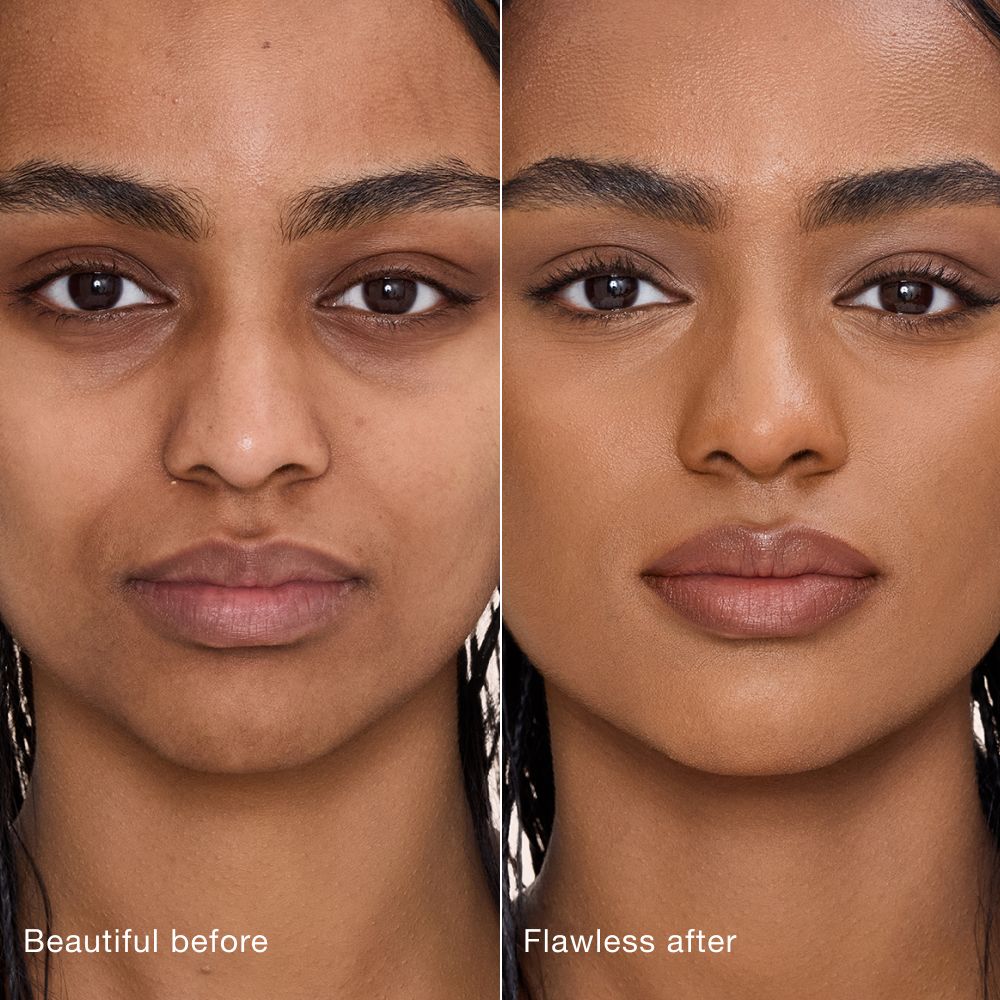 Side-by-side comparison showing skin before and after applying Charlotte Tilbury Airbrush Flawless Concealer, with text labels 'Beautiful before' and 'Flawless after'.
