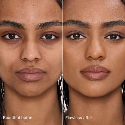 Side-by-side comparison showing skin before and after applying Charlotte Tilbury Airbrush Flawless Concealer, with text labels 'Beautiful before' and 'Flawless after'.