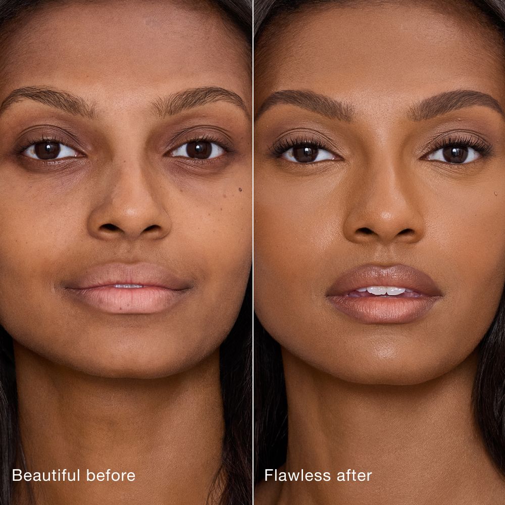 Side-by-side comparison showing skin before and after applying Charlotte Tilbury Airbrush Flawless Concealer, with text labels 'Beautiful before' and 'Flawless after'.