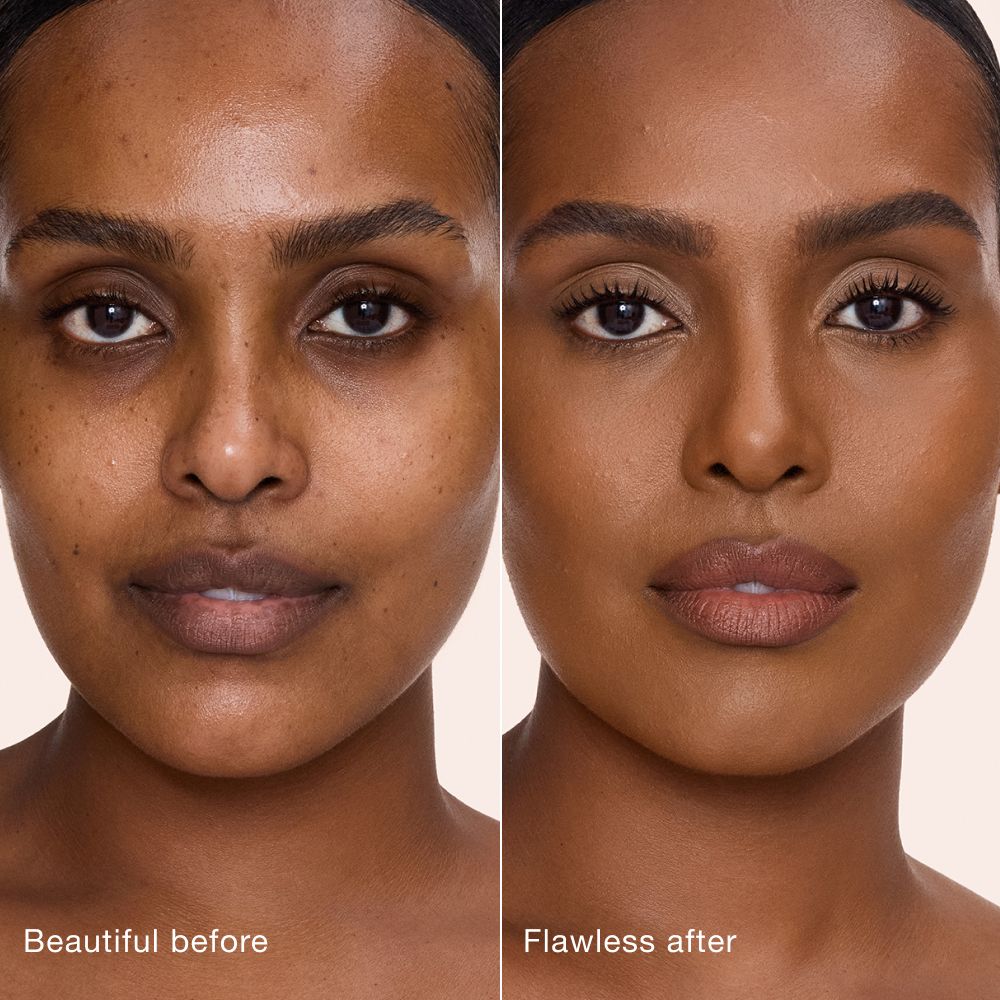 Side-by-side comparison showing skin before and after applying Charlotte Tilbury Airbrush Flawless Concealer, with text labels 'Beautiful before' and 'Flawless after'.