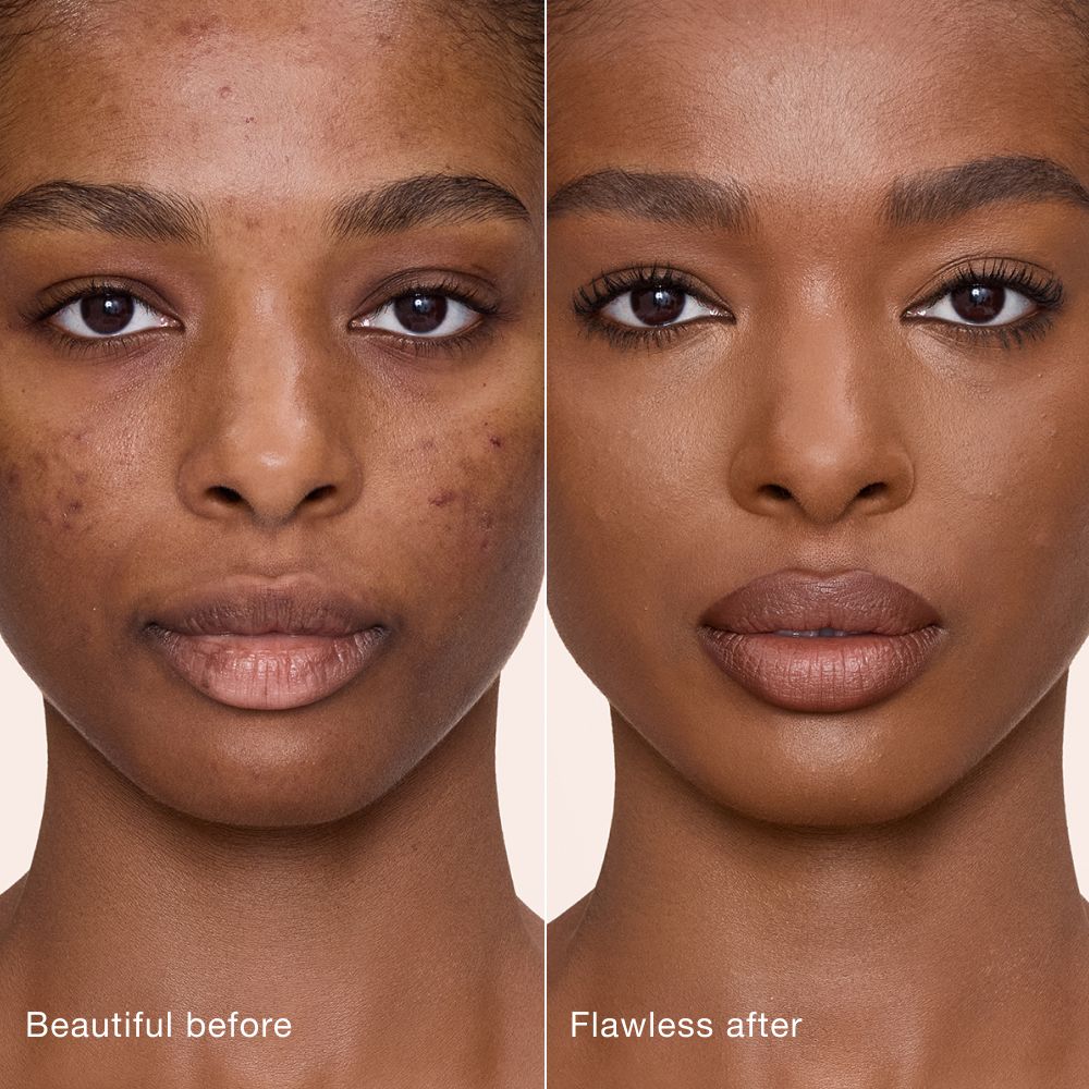 Side-by-side comparison showing skin before and after applying Charlotte Tilbury Airbrush Flawless Concealer, with text labels 'Beautiful before' and 'Flawless after'.
