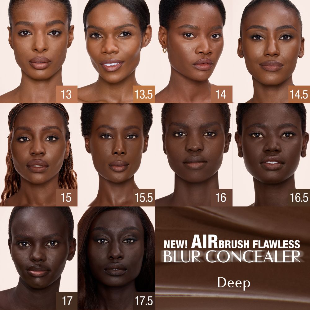 Charlotte Tilbury Airbrush Flawless Blur Concealer shade chart for Deep tones, showing eight shades labeled 13, 13.5, 14, 14.5, 15, 15.5, 16, 16.5, 17 and 17.5 with product name and deep category text.