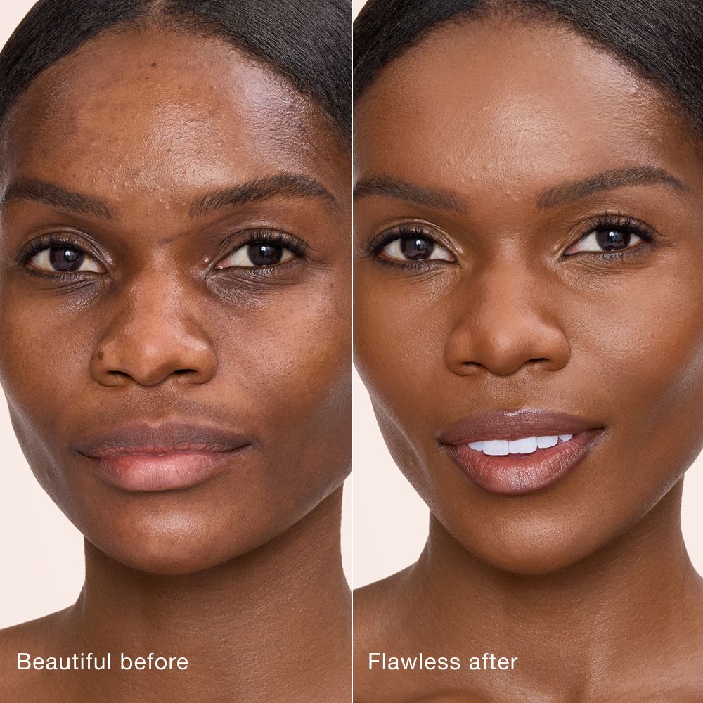 Side-by-side comparison showing skin before and after applying Charlotte Tilbury Airbrush Flawless Concealer, with text labels 'Beautiful before' and 'Flawless after'.