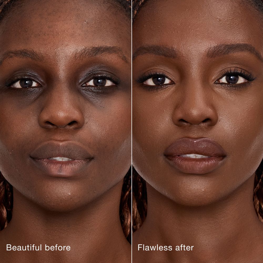 Side-by-side comparison showing skin before and after applying Charlotte Tilbury Airbrush Flawless Concealer, with text labels 'Beautiful before' and 'Flawless after'.
