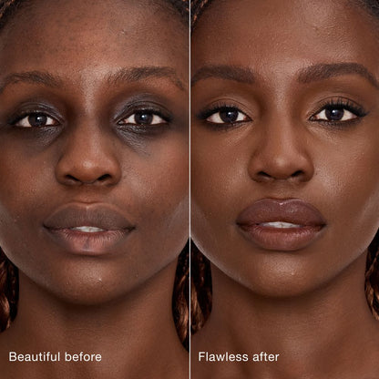Side-by-side comparison showing skin before and after applying Charlotte Tilbury Airbrush Flawless Concealer, with text labels 'Beautiful before' and 'Flawless after'.