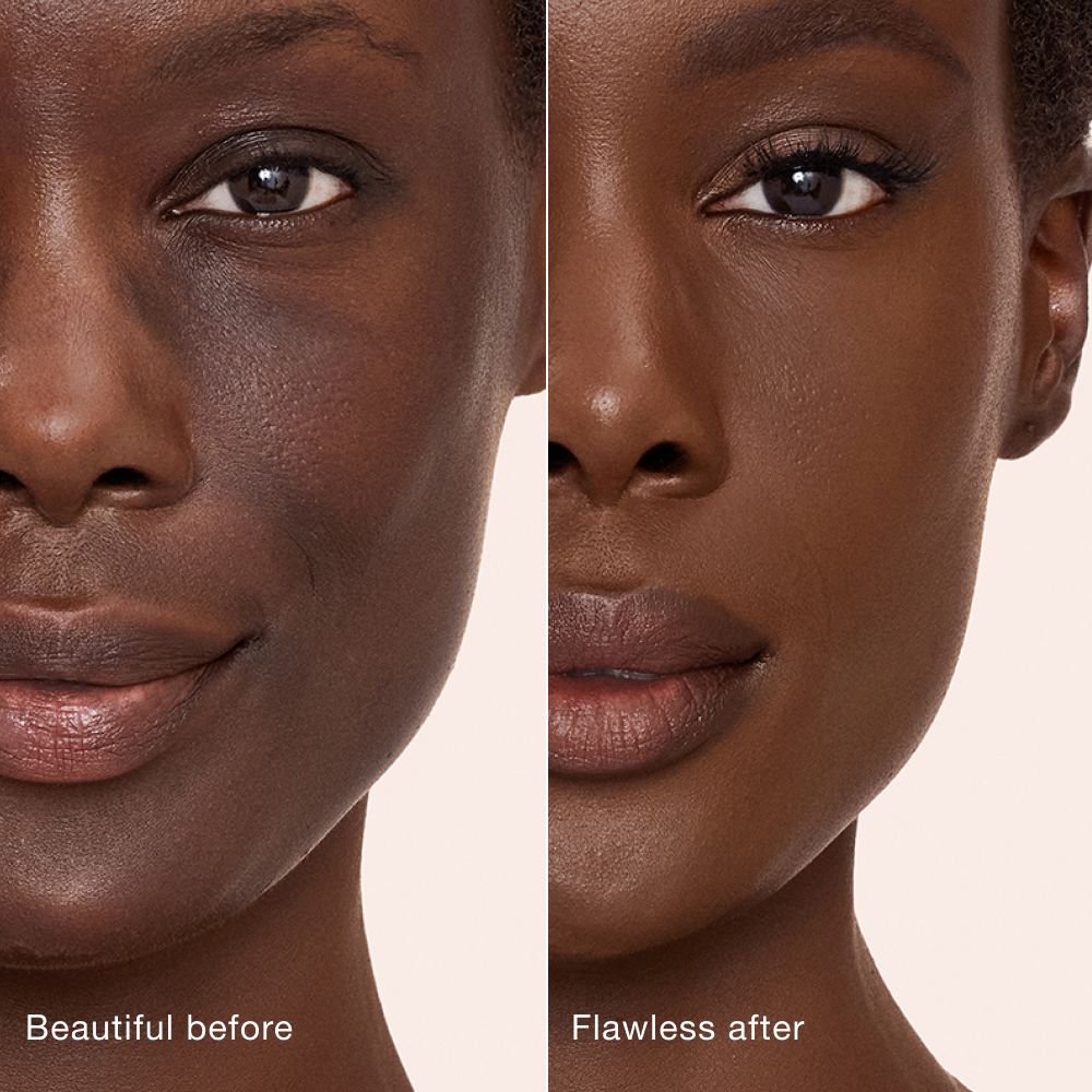 Side-by-side comparison showing skin before and after applying Charlotte Tilbury Airbrush Flawless Concealer, with text labels 'Beautiful before' and 'Flawless after'.
