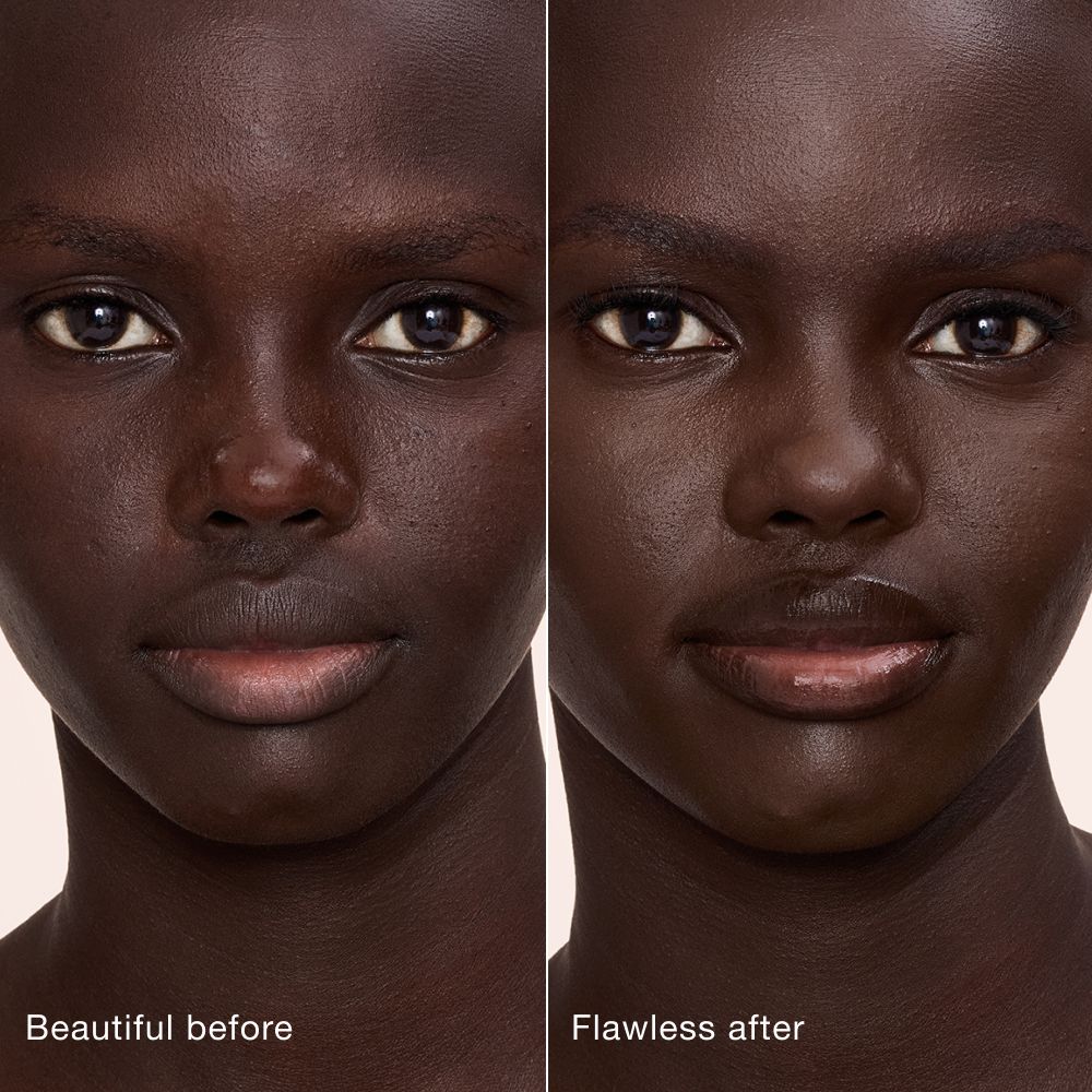 Side-by-side comparison showing skin before and after applying Charlotte Tilbury Airbrush Flawless Concealer, with text labels 'Beautiful before' and 'Flawless after'.