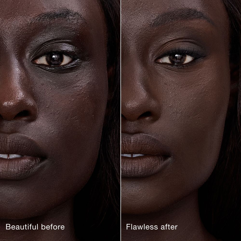 Side-by-side comparison showing skin before and after applying Charlotte Tilbury Airbrush Flawless Concealer, with text labels 'Beautiful before' and 'Flawless after'.