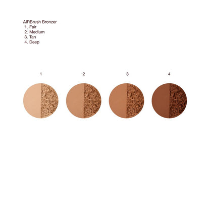 Image showing four AIRBrush Bronzer texture swatches labeled Fair, Medium, Tan, and Deep, each split to display both pressed and powdered forms for comparison across skin tones.