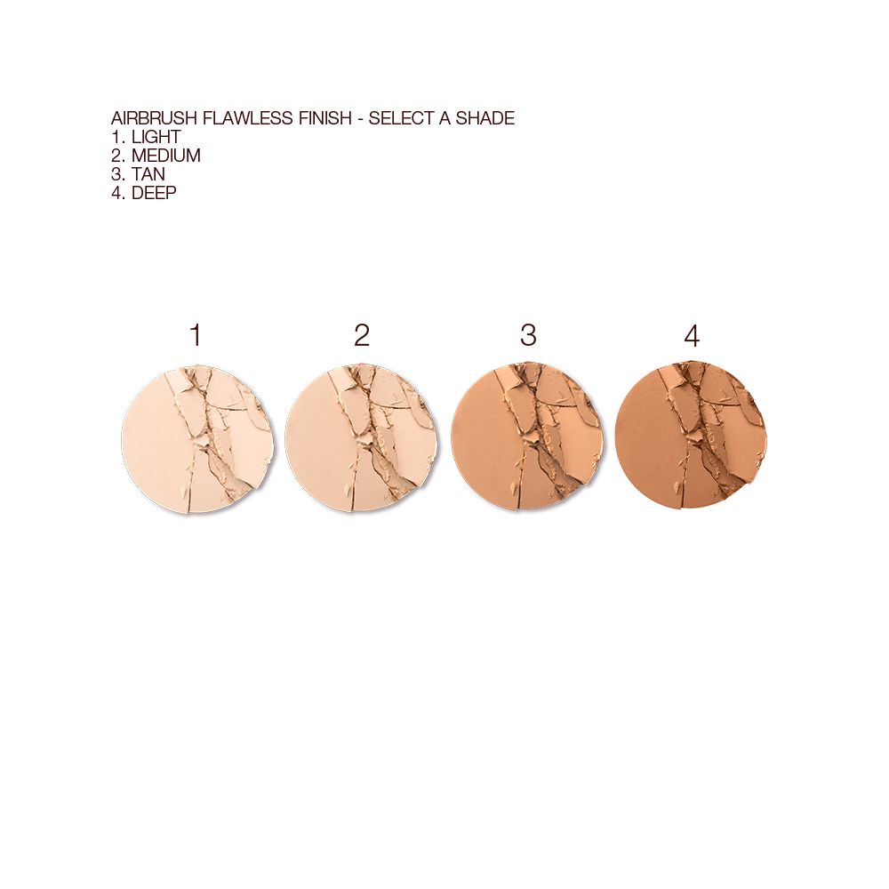 Swatches of four setting powders in shades of cream, light beige, sandy brown, and medium brown.