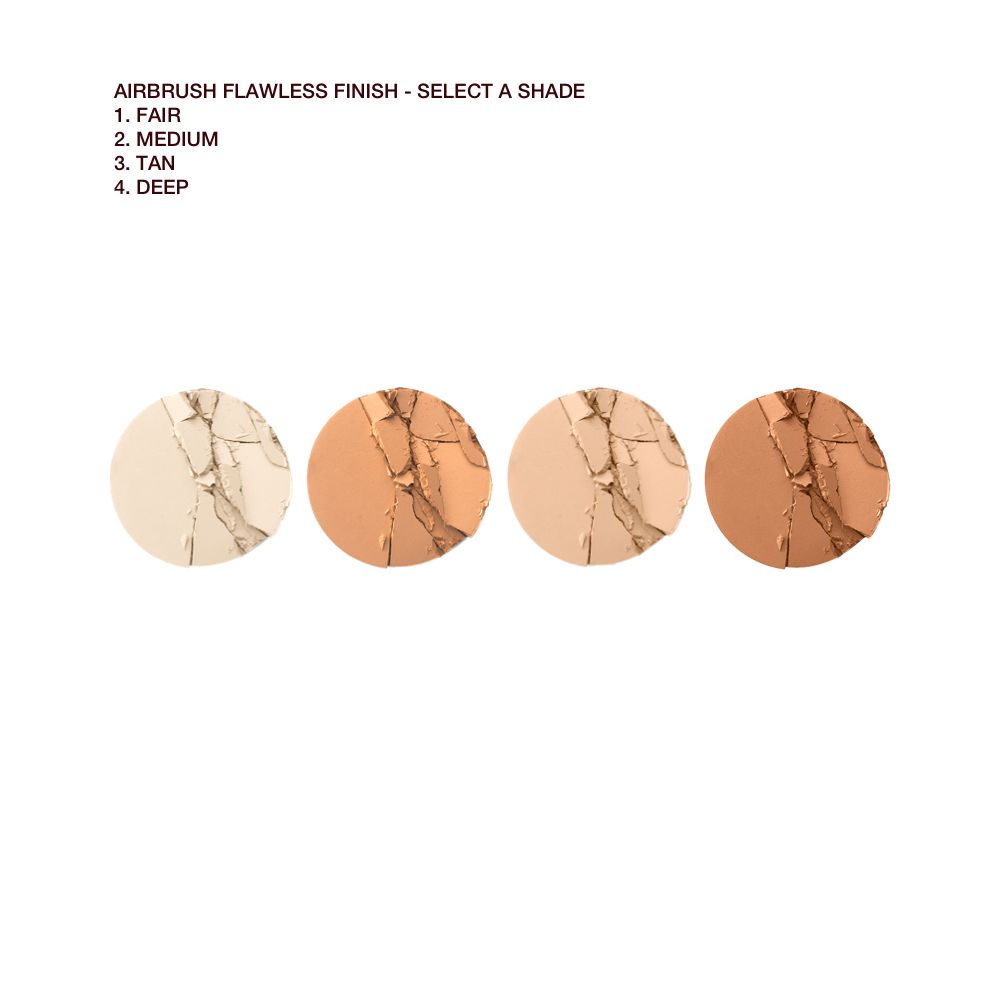 Swatches of four setting powders in shades of cream, light beige, sandy brown, and medium brown.
