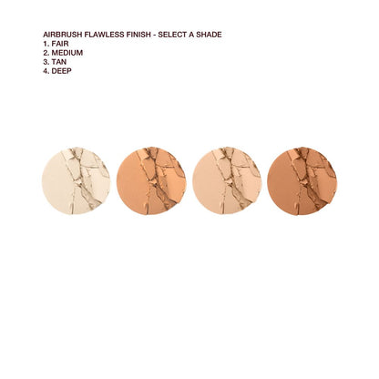 Swatches of four setting powders in shades of cream, light beige, sandy brown, and medium brown.