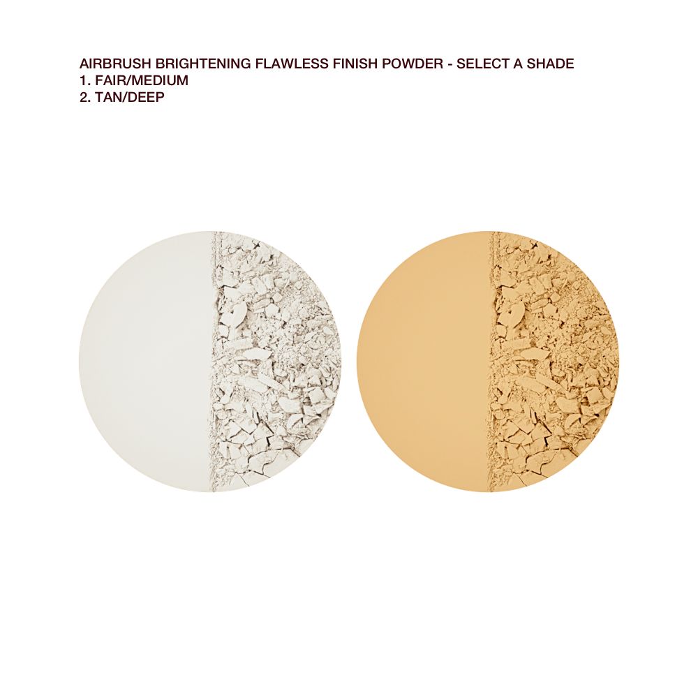 Swatches of two brightening, setting powder compacts in white and golden-yellow.