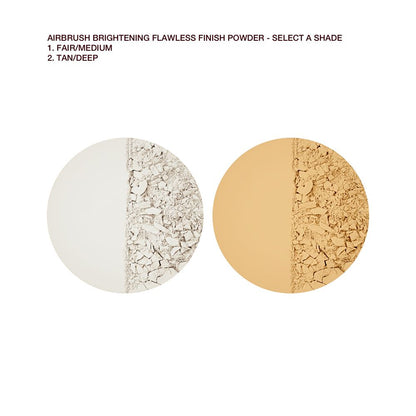Swatches of two brightening, setting powder compacts in white and golden-yellow.