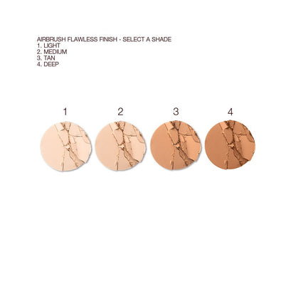 Swatches of four pressed powders in light, medium, tan, and deep-tone shades.