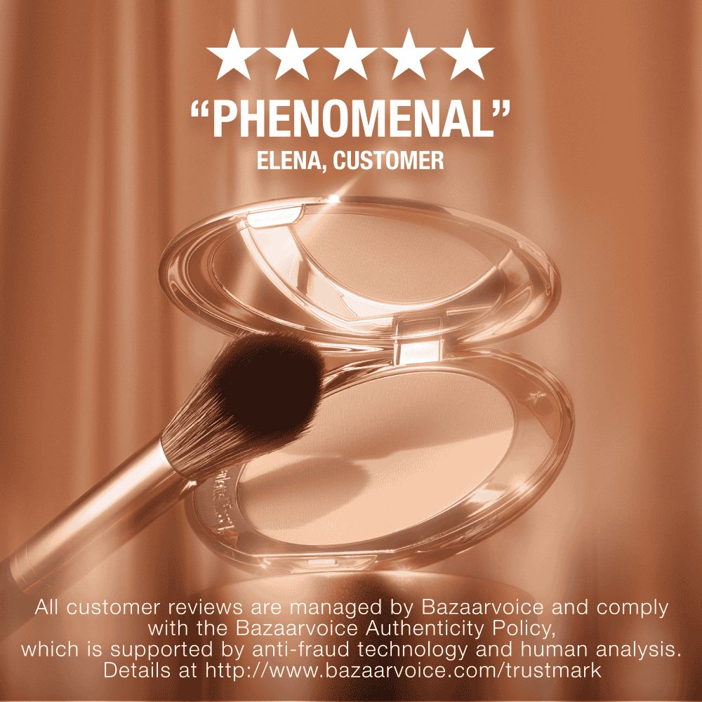 A collection of pressed powder compacts for light, medium-light, fair, and deep tones, in gold-coloured packaging with mirrored lids.