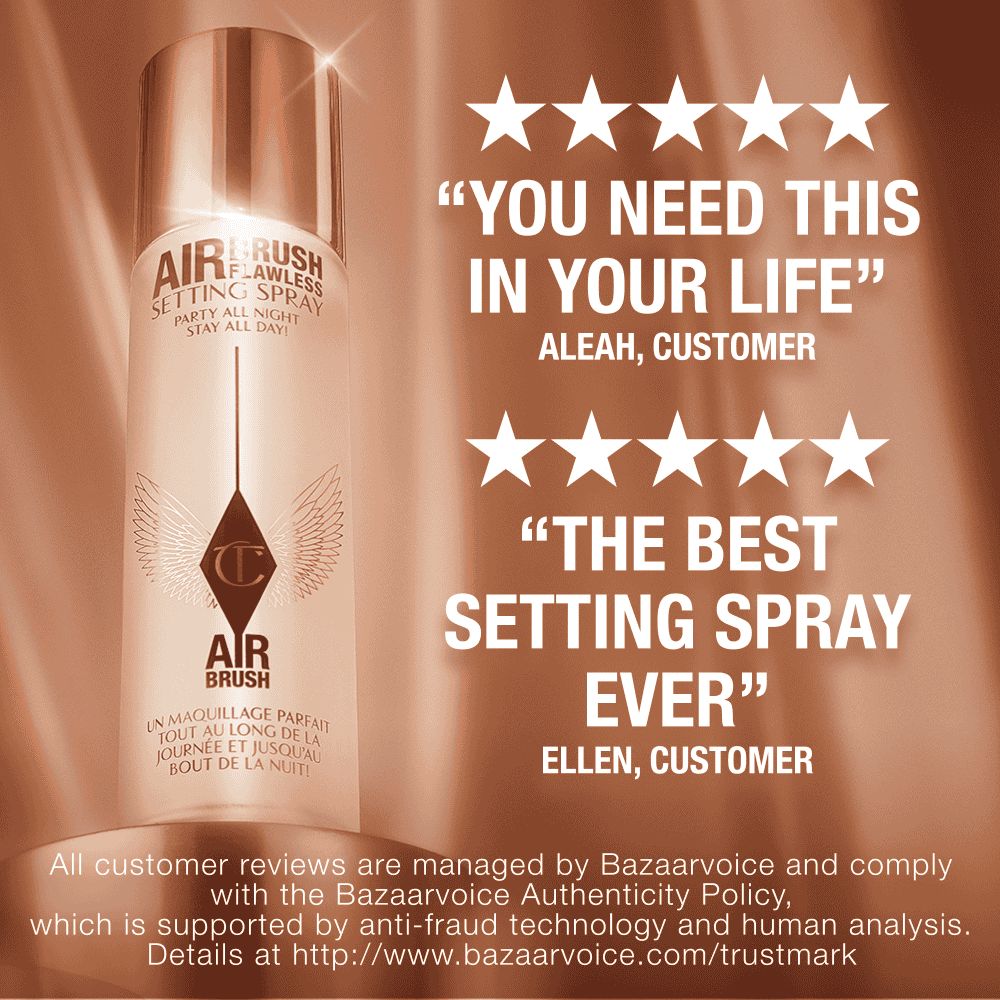 Advertisement for Charlotte Tilbury Airbrush Flawless Setting Spray featuring two 5-star customer reviews