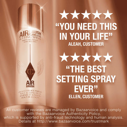 Advertisement for Charlotte Tilbury Airbrush Flawless Setting Spray featuring two 5-star customer reviews
