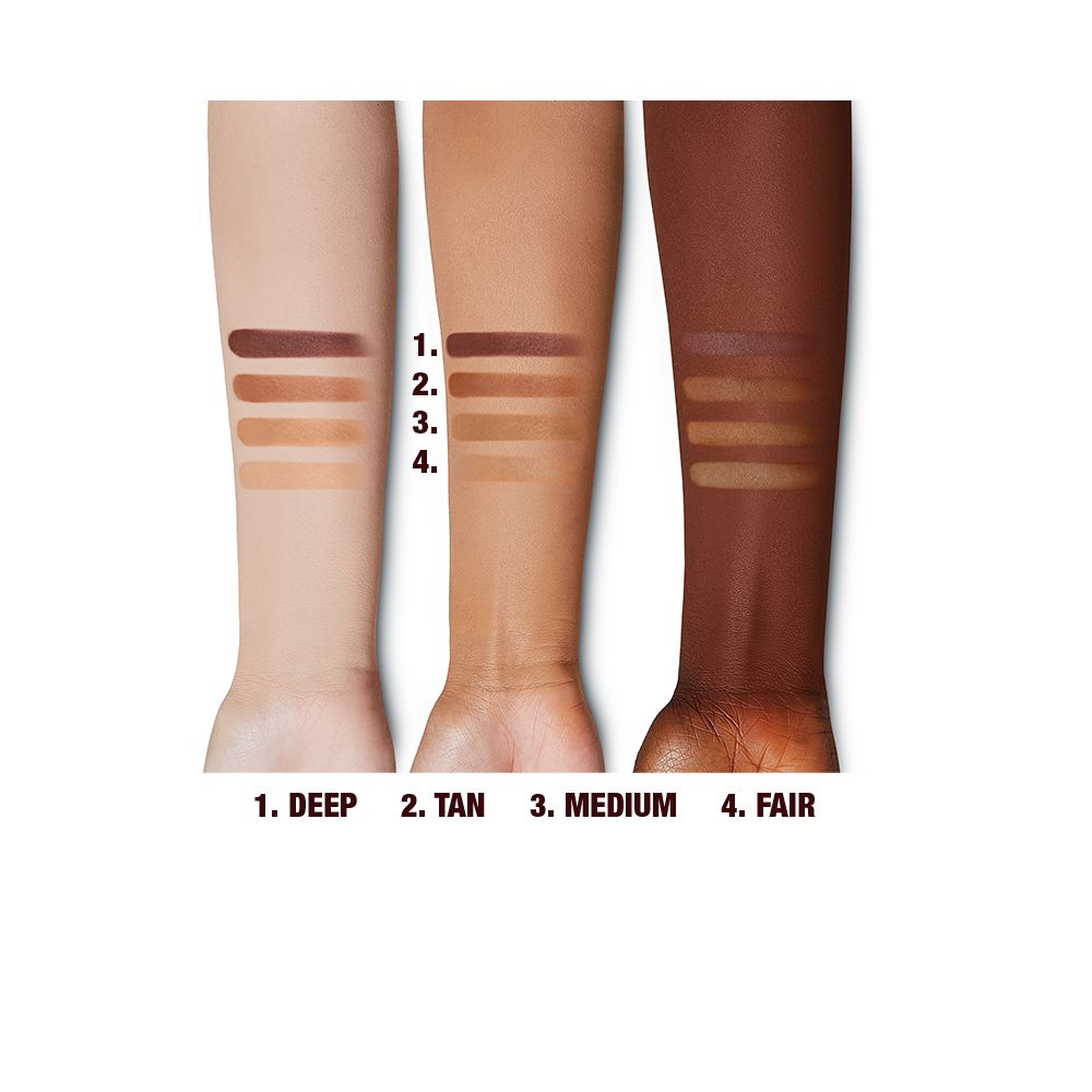 Swatches of fair, medium, medium dark, and deep bronzer on light, medium, and deep-tone arms.