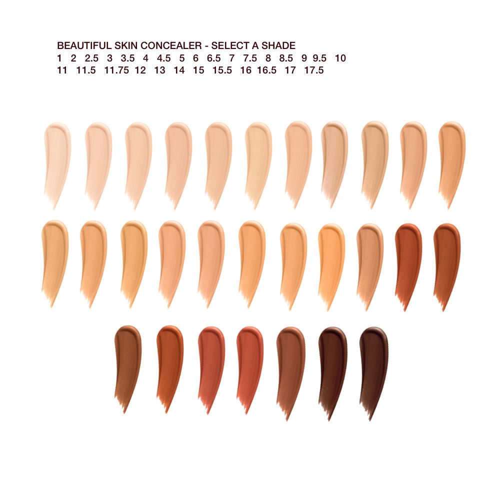 Swatches of twenty-nine, liquid concealers in shades ranging from ivory, beige, and peach to light, medium, and dark brown for fair, light, medium-light, medium, medium-dark, and deep skin tones.