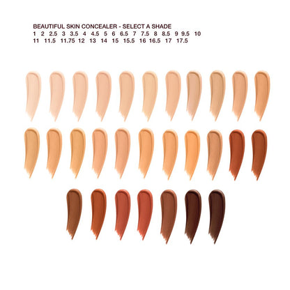 Swatches of twenty-nine, liquid concealers in shades ranging from ivory, beige, and peach to light, medium, and dark brown for fair, light, medium-light, medium, medium-dark, and deep skin tones.