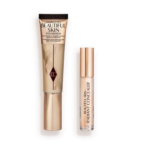 Foundation in a sleek gold-coloured tube with a concealer in a glass tube and gold-coloured lid.