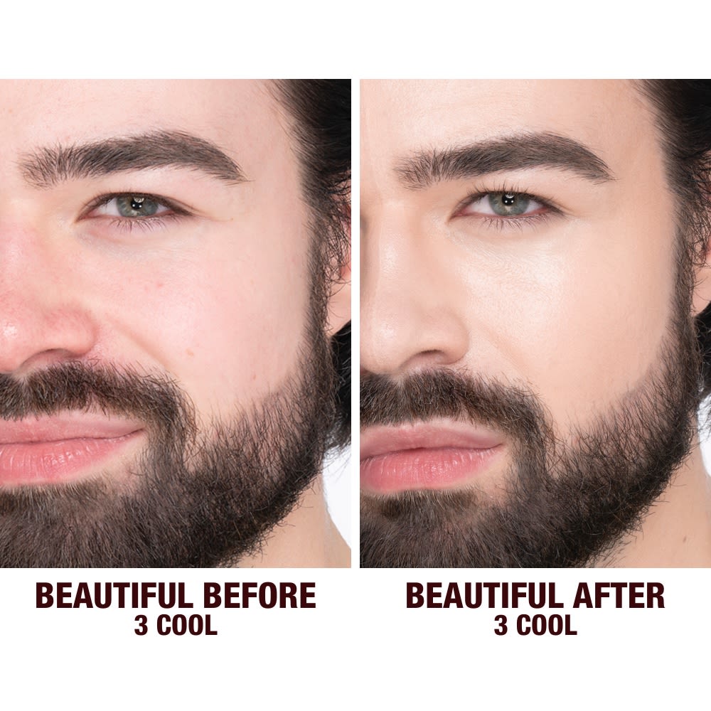 Before and after shots of a fair-tone male model without any makeup and then wearing glowy, flawless skin, wearing skin-like foundation that adds a youthful glow and looks natural along with nude pink lipstick and subtle everyday eye makeup.