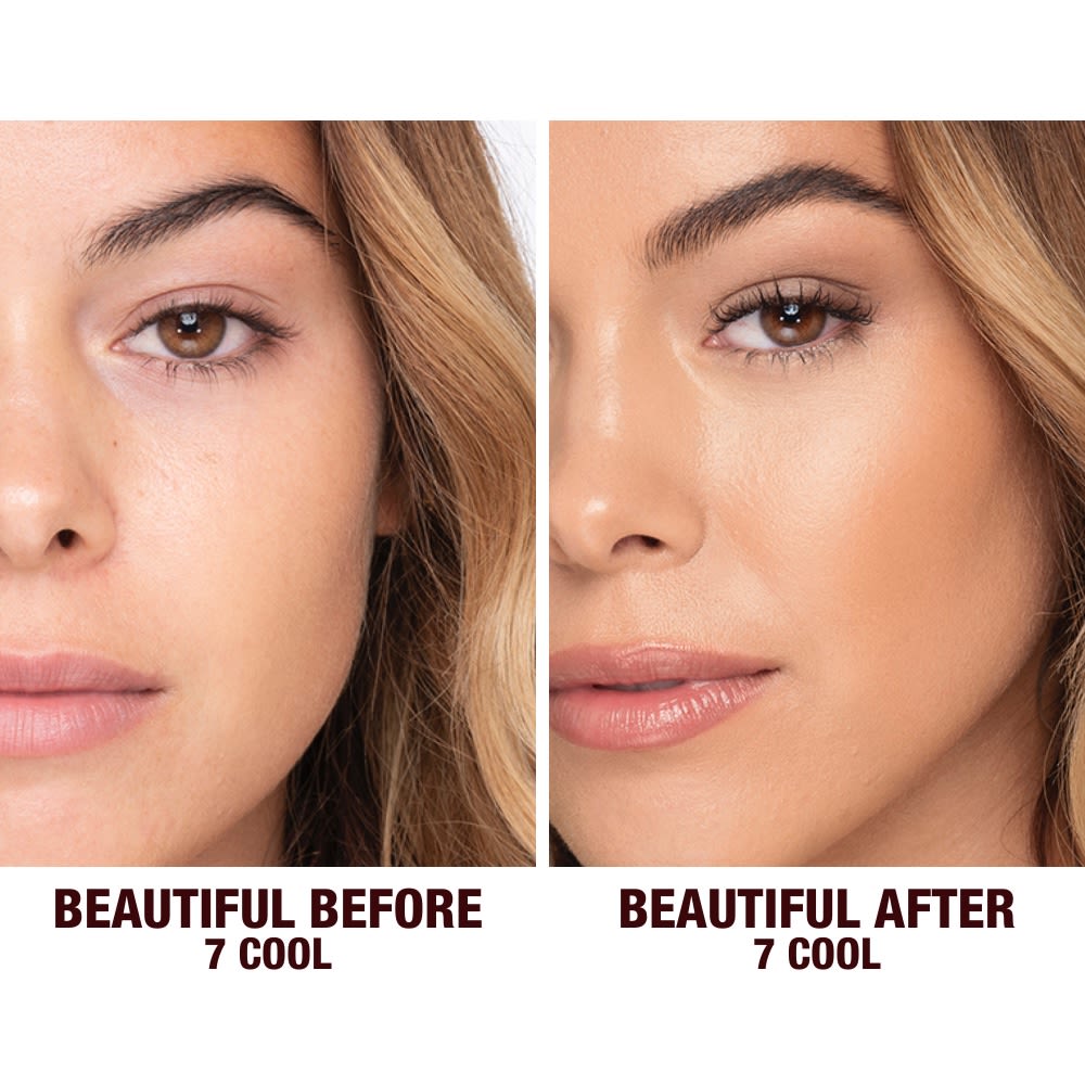 Before and after shots of a medium-tone model without any makeup and then wearing glowy, flawless skin, wearing skin-like foundation that adds a youthful glow and looks natural along with nude pink lipstick and subtle everyday eye makeup.