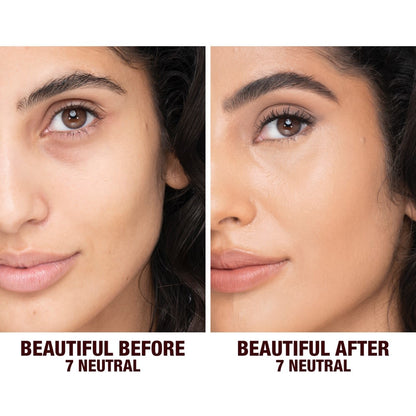Before and after shots of a medium-tone model without any makeup and then wearing glowy, flawless skin, wearing skin-like foundation that adds a youthful glow and looks natural along with nude pink lipstick and subtle everyday eye makeup.