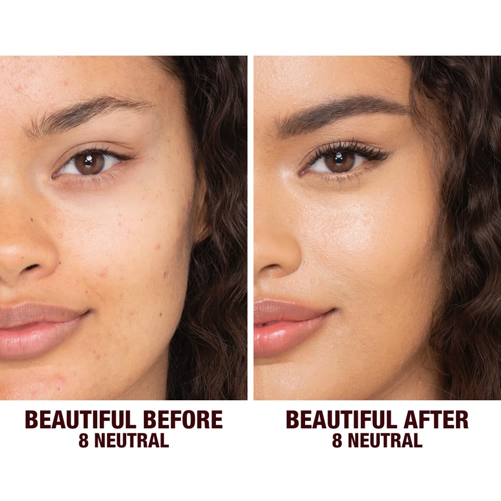before and after shots of a medium-dark-tone brunette model wearing glowy, skin-like foundation that covers her blemishes and gives the appearance of clean, bouncy, and fresh skin.